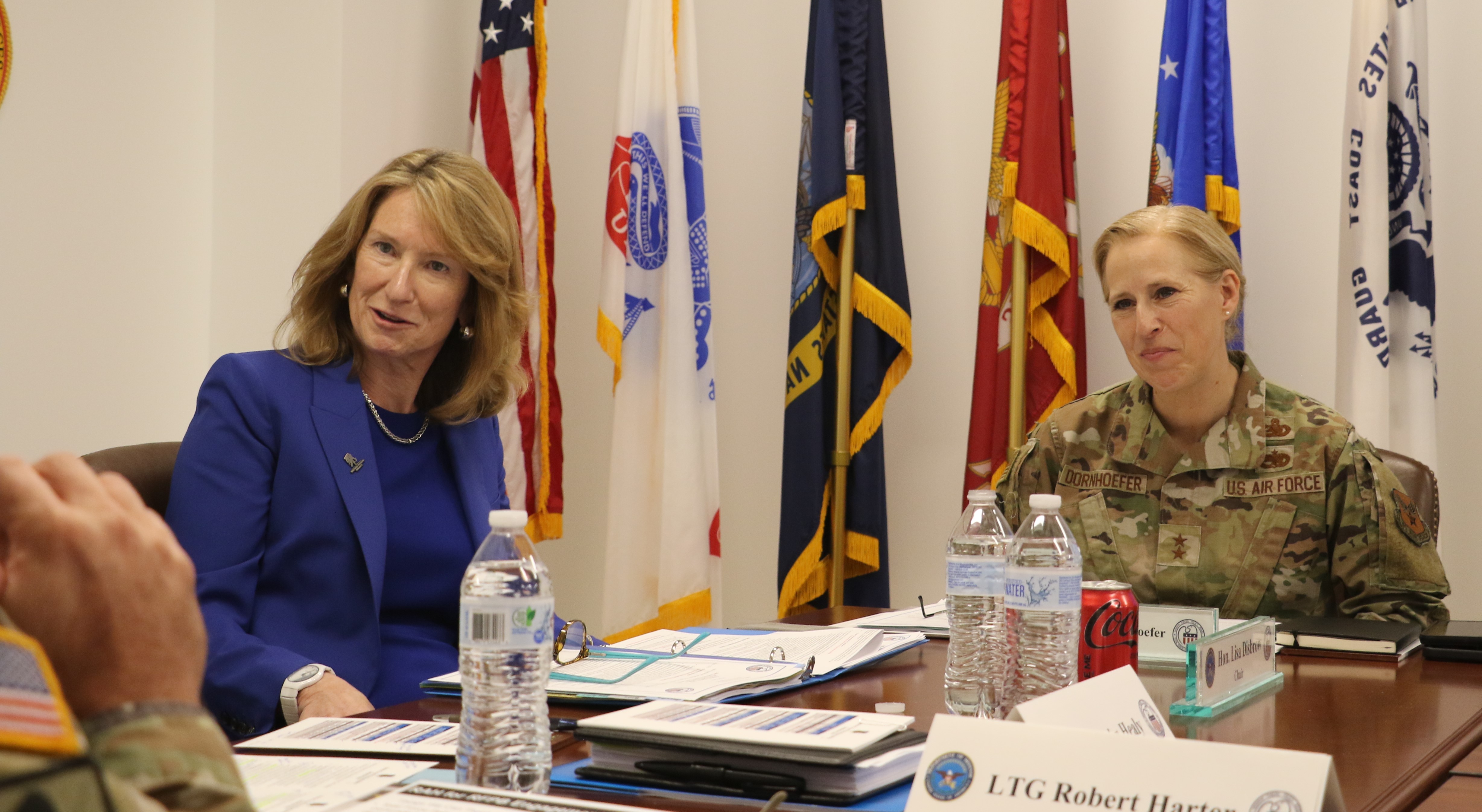 Honorable Lisa Disbrow, RFPB Chair, and Maj. Gen. Vanessa Dornhoefer, RFPB Military Executive, share a light-hearted moment with Lt. Gen. Robert Harter, Chief of the Army Reserve (not pictured) during an RFPB quarterly board meeting held at the RFPB headquarters, Falls Church, Va., Sep. 11, 2024.  The board meeting focused on Reserve Component Futures 2040 and the board’s on-going efforts to optimize the capabilities, efficiency, and effectiveness of the reserve component.